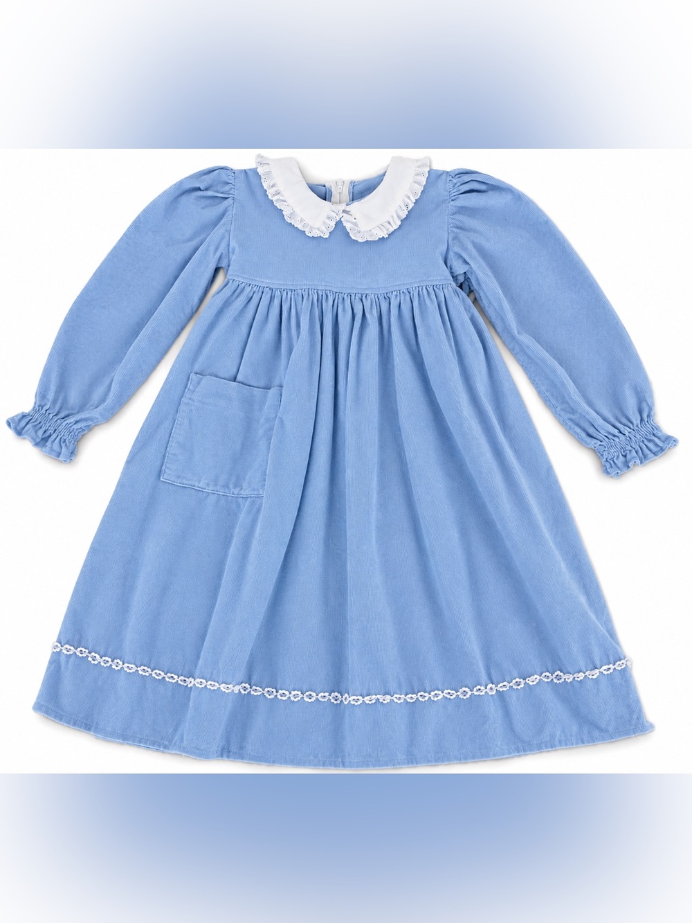 Vintage Corduroy Girls' Light Blue Long-Sleeve Dress with Peter Pan Collar
